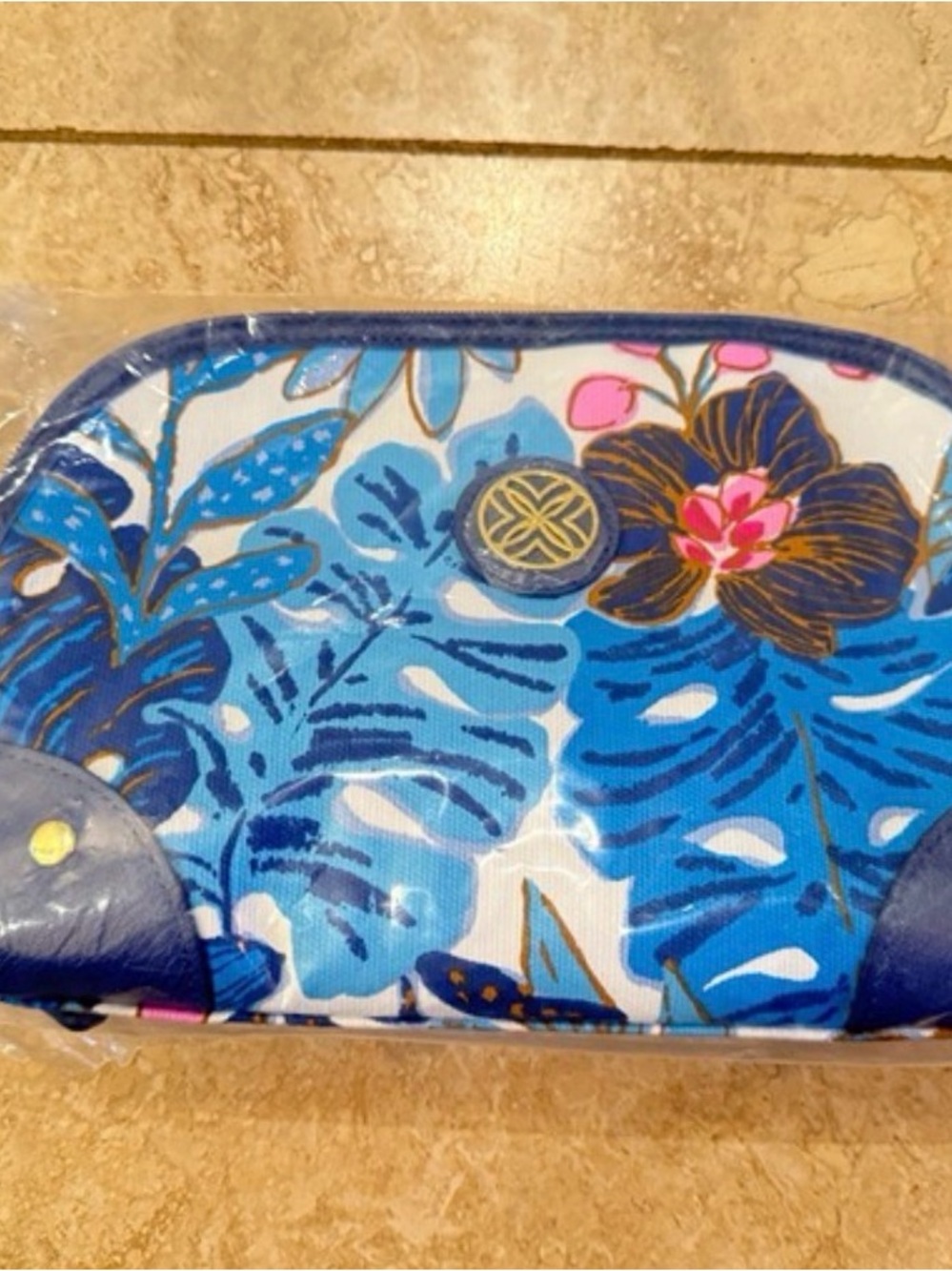 Lilly Pulitzer Blue Floral Cosmetic Pouch with Pink Accents and Gold Logo